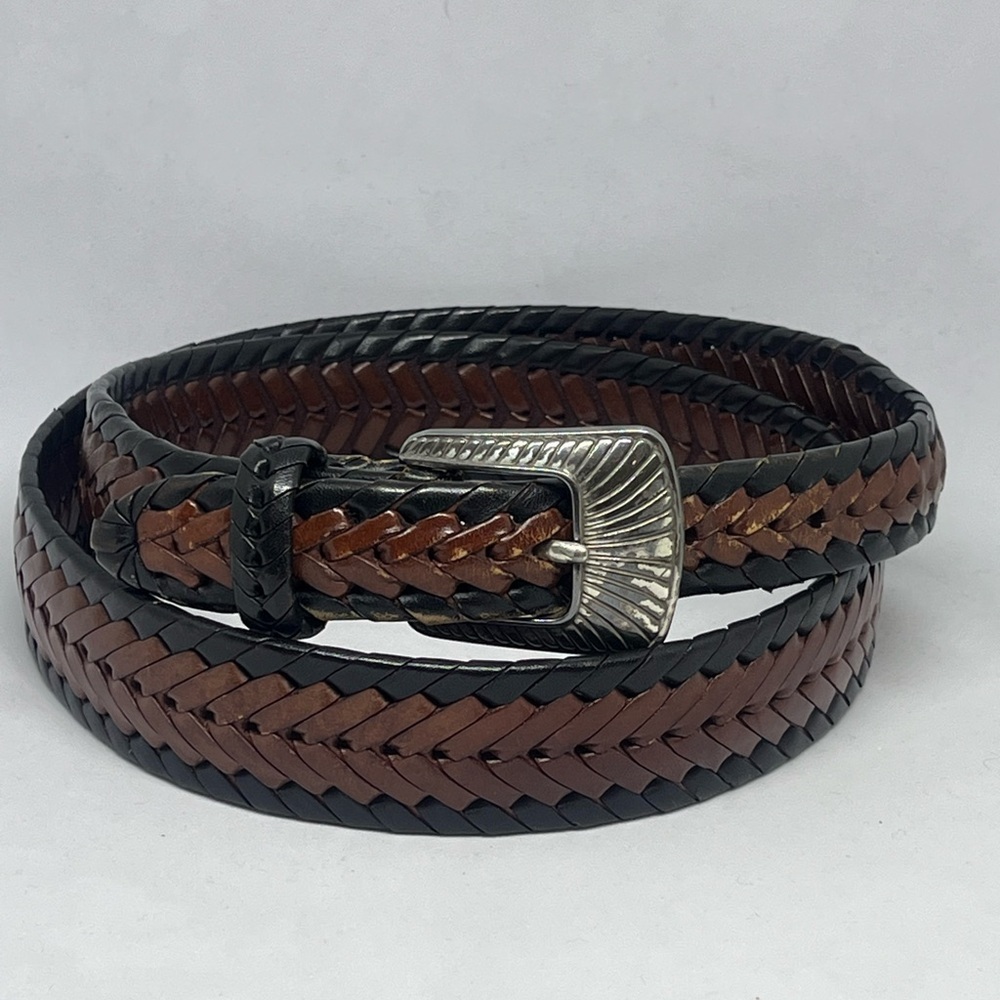 JUSTIN VINTAGE 1996 BRAIDED LEATHER BELT BROWN/ BLACK WITH SILVER BUCKLE SIZE38